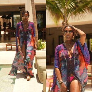 New! B Fyne Abstract Print V-neck Cover Up Kaftan One Size - 47433
